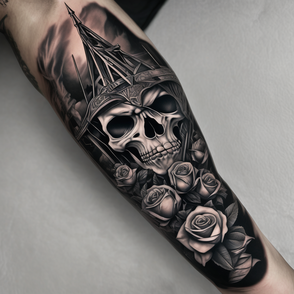 tattoo fool sleeve, old broken gothic home, broken sword, roses fishing tattoos, AI-generated Black and White tattoo design